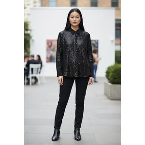 Cato Collection Womens Black Sequin Button Down Shirt Top XLP Limited Edition